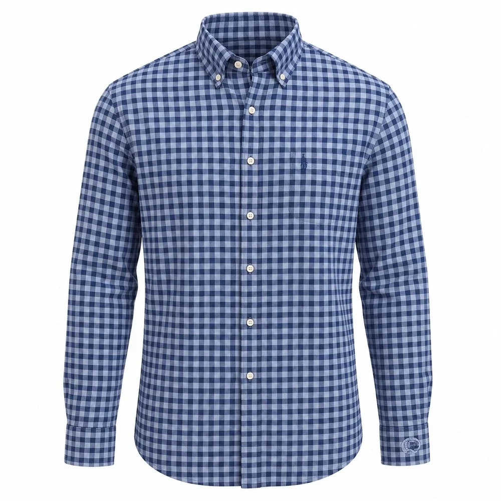 Johnnie-O Hangin Out Mens Blue Gingham Button Down Shirt Gator Creek Logo Medium